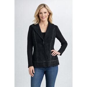 Nygard Black Leather Suede Jacket Knit Sleeves Western Scalloped Hem Women’s M
